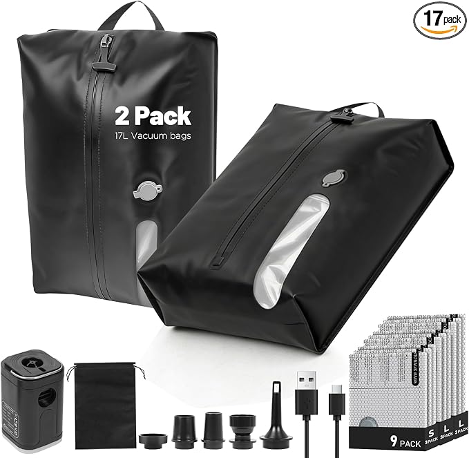 11-Pack Travel Vacuum Bags with Pump, 2×17L TPU IP67 Waterproof Vacuum Seal Bags + 9 PA&PE Compression Bags (S/M/L) for Carry-On, Light Travel, Backpacks & Home Storage by SpaceSaving