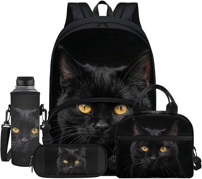 Boys Girls Black Cat Laptop Backpacks School Bag Schoolbag Handbag Pencil Case Pouch Organizer Water Bottle Holder Portable Bookbag Daypack Lunch Bags for School Travel Office Hiking by Jndtueit