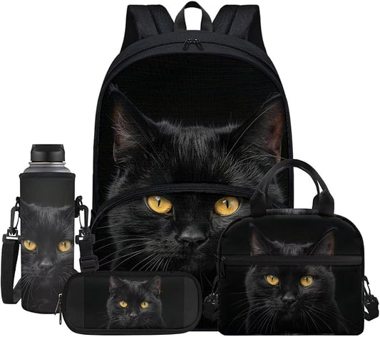 Boys Girls Black Cat Laptop Backpacks School Bag Schoolbag Handbag Pencil Case Pouch Organizer Water Bottle Holder Portable Bookbag Daypack Lunch Bags for School Travel Office Hiking by Jndtueit