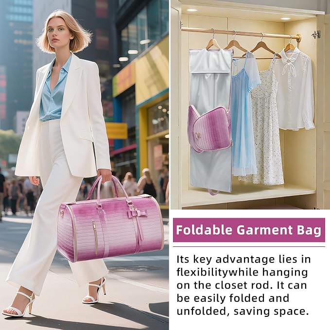 Garment Bags for Travel, 2-in-1 Convertible Travel Garment Duffle Bag for Women, Foldable Carry On Garment Bag with Shoe Compartment & Toiletry Pocket, PU Leather Weekender Bag, Pink-White - Image 6