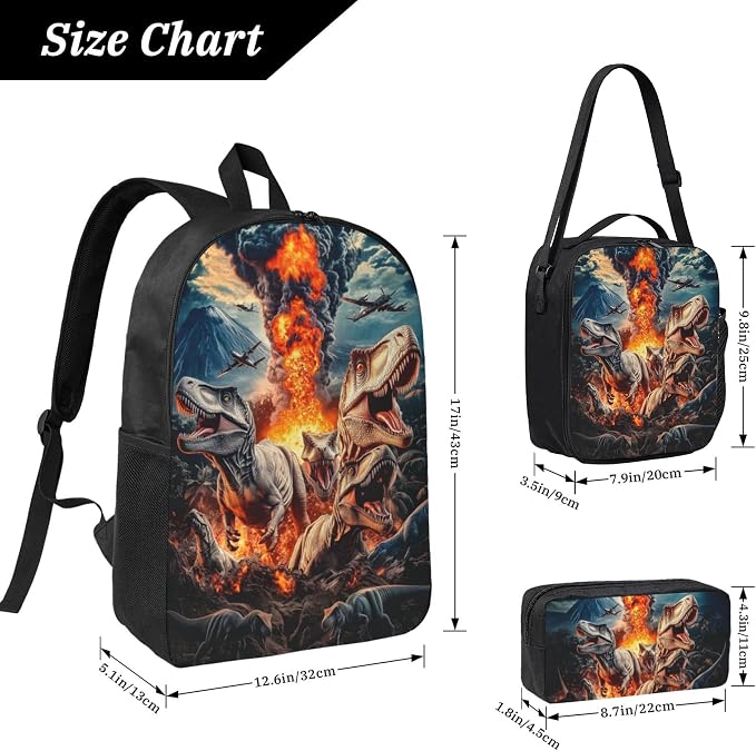 Dinosaur Kid Backpack Set with Lunch Bag & Pencil Case Large Capacity School Bag 17 Inch Bookbag for Boy Girl - Image 3