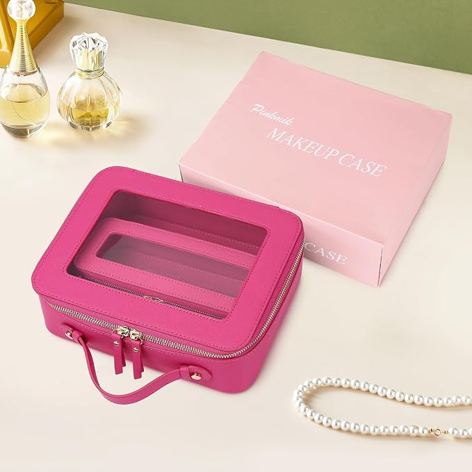 Pinkmik Clear Makeup Bag with Brush Bag 2pcs Waterproof Travel Case for Cosmetics and Toiletries Women's Cosmetic Organizer with Zipper (X/Fuxia, L+SLIM) - Image 6