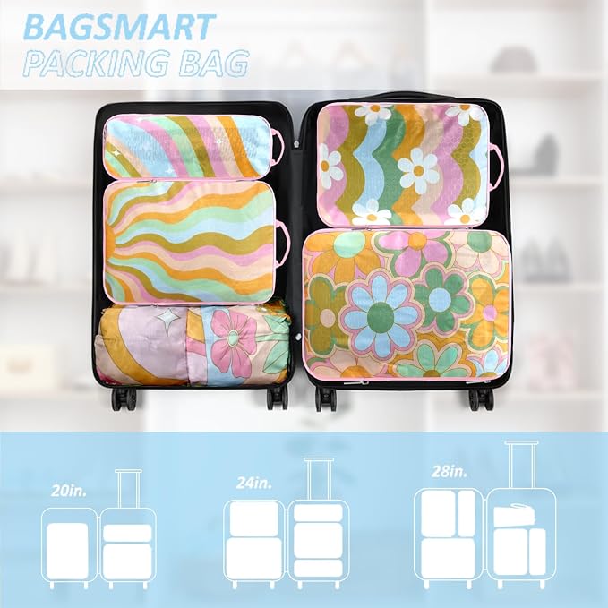 7 Piece Compression Packing Cubes Set - Boho Rainbow Flowers | Ultra-Lightweight, Quick-Dry, Tear-Resistant, Reinforced Zippers, Durable Travel Accessories for Luggage & Suitcases, Pink - Image 5