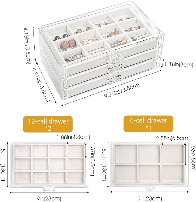ProCase Earring Holder Organizer Jewelry Box with 3 Drawers, Acrylic Clear Earring Case with Adjustable Velvet Trays for Women - Warmwhite, 3 Layers - Image 4