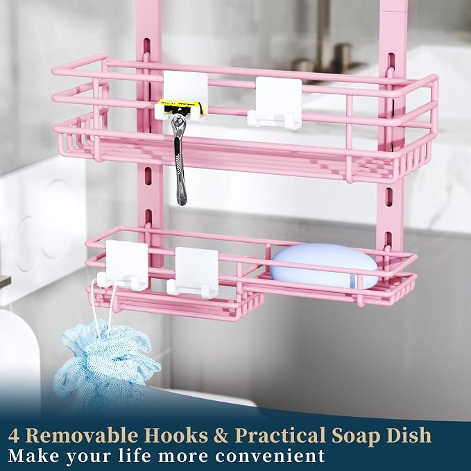 Consumest Over The Door Shower Caddy - 5 Tier Adjustable Shower Organizer Hanging with 2 Toothbrush Holders & 4 Hooks, Rustproof Organizer Shelf, Storage Rack for Bathroom, Pink - Image 7
