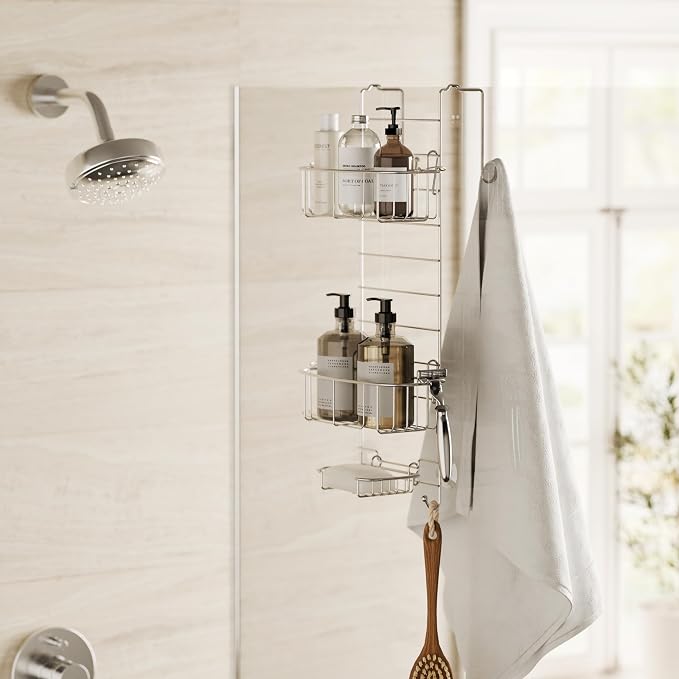 Zenna Home Shower Caddy Hanging Over the Shower Door Organizer, Stainless Steel Rack with 2 Shelves and Built in Hooks, Bathroom Organizer Shelf for Inside Shower, Stainless Steel - Image 2