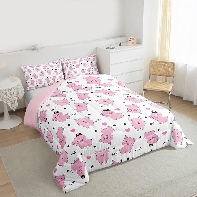 Erosebridal Pink Pig Comforter Set for Girls Kawaii Room Decor King,Cute Pigs Bedding Set for Kids Boys Children Farm Animal Quilted Duvet Sets Cartoom Style Soft Lightweight Down Comforter 3 Pcs - Image 6