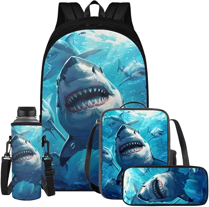 Shark Backpack for Boys Kids Backpack with Lunch Box Water Bottle Carrier and Large Pencil Case 4PCS Set Bookbag with Compartments for School Teens 17 inch Sturdy School Bag for Girls by ELEDIZI