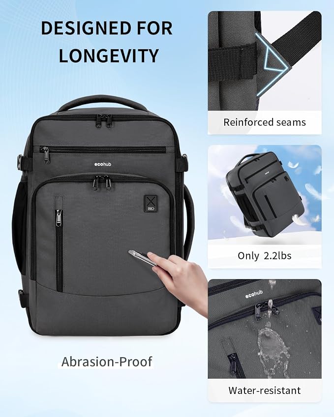 ECOHUB 19" Large Travel Backpack, Carry on Luggage Airline Approved, Water Resistant Rucksacks Fit 15.6" Laptop, AirTag Pocket, Lightweight Casual Daypack, 34L, Dark Grey - Image 4