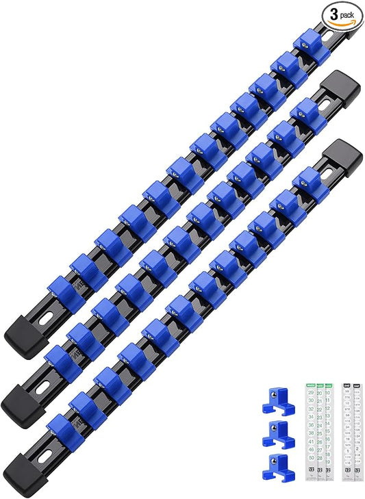 ALOANES 3PC ABS Socket Organizer, Socket Rails Fit 1/2 inch Drive | Portable Heavy Duty Socket Holders Hold up 36 Sockets for Toolbox Drawer Bags(Blue) by Aloanes