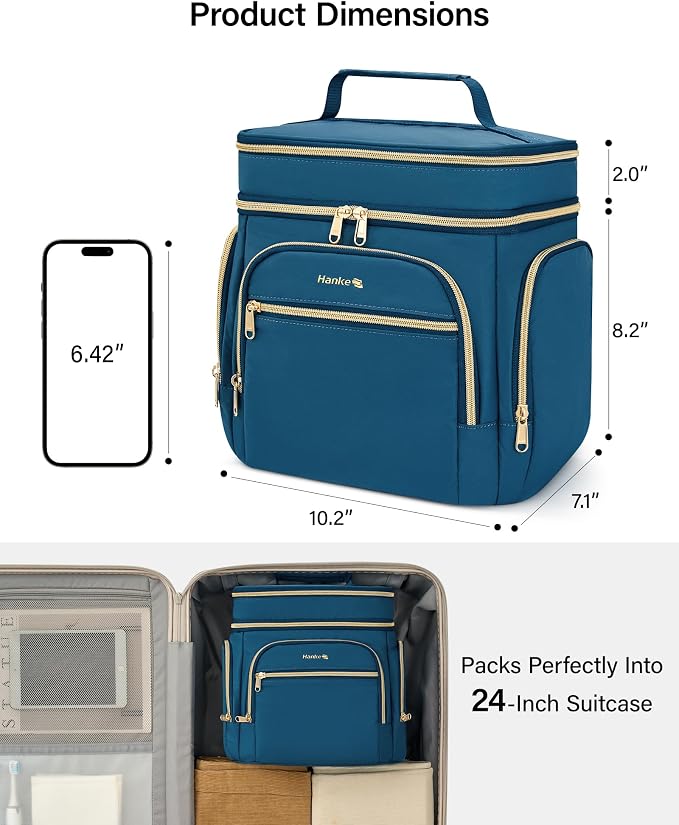 Hanke Large Toiletry Bag for Women Travel, Double Layer Organizer with Wide Opening for Full-Size Cosmetics & Toiletries, 12.2L Water-Resistant Makeup Bag,Navy Blue - Image 7