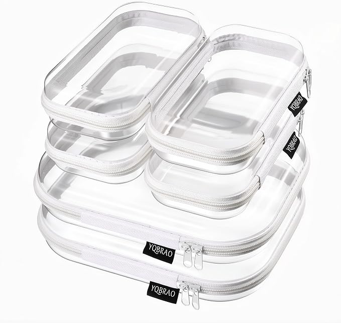 YQBRAO 6 Pack Clear Hard Shell Beauty Organizer (2M+4S), 1.2mm Crush-Proof Cosmetic Case, Reinforced YKK Zippers, Stadium Approved Security Bag for Skincare, Toiletries & Electronics, Multi-Size Set by Unknown