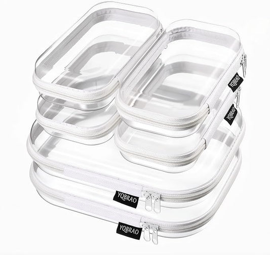 YQBRAO 6 Pack Clear Hard Shell Beauty Organizer (2M+4S), 1.2mm Crush-Proof Cosmetic Case, Reinforced YKK Zippers, Stadium Approved Security Bag for Skincare, Toiletries & Electronics, Multi-Size Set by Unknown