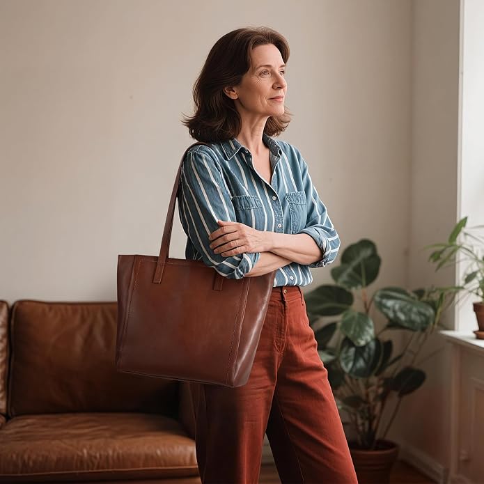 befen Vintage Genuine Leather Work Tote Bag for Women Large Tote Bag with Zipper Leather Purse and Handbags with Compartment - Image 2
