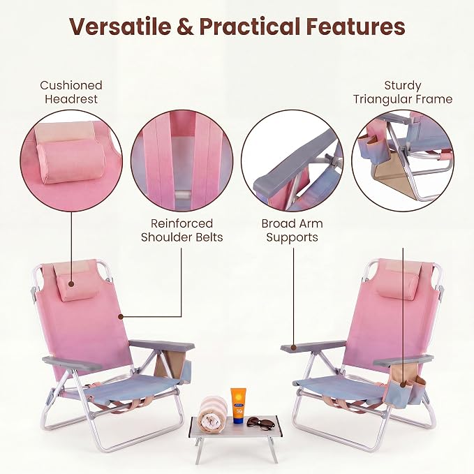 Giantex Folding Beach Chair, Patio Sling Chairs with 5 Adjustable Position, Head Pillow, Storage Bag, Towel Bar, Cup Holders, Backpack Chairs for Sunbathing, Camping Chair - Image 4