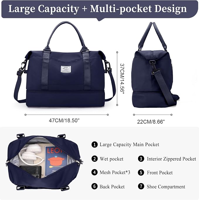 Weekender Bags for Women,Personal Item Travel Bag with Shoes Compartment,Overnight Travel Duffel Bag with Quilted Toiletry Bag,Dark Blue - Image 3