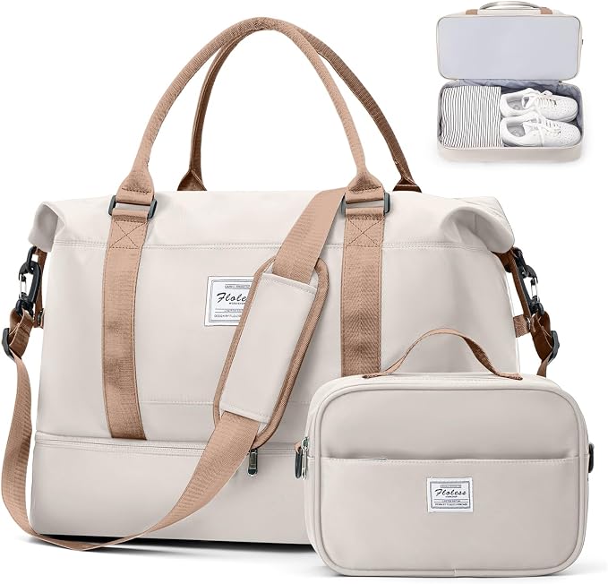 Weekender Bags for Women, Travel Duffel Bags with Shoe Compartment,Personal Item Travel Bag for Airlines, Carry on Overnight Tote Bag for Women with Toiletry Bag，Beige&Brown by SUNMOP