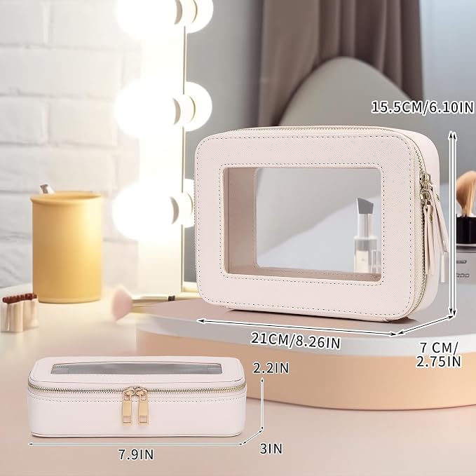 Pinkmik Travel Clear Makeup Bag with Brush Case TSA Approved Toiletry Bag Waterproof Cosmetic Organizer with Zipper Car Essential for Women (Beige, M+SLIM) - Image 4