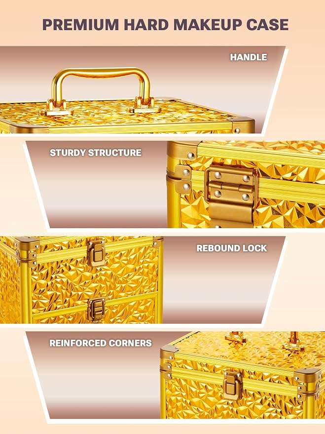 Qislee Makeup Box with Detachable Magnetic LED Mirror, Travel Train Case | Makeup Storage with Drawer, 6 Adjustable EVA Dividers, 2 Brush Boards, for Flight Trips, Waterproof Portable, Luxury Gold - Image 4