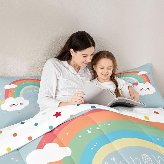 Girls Rainbow Comforter Set, Cartoon Blue Quilted Comforter Twin Size For Kids Boys Women Bedroom, Love Heart Bedding Set Kawaii Room Decor Rainbow Cloud Duvet Sets With 1 Pillow Case - Image 4