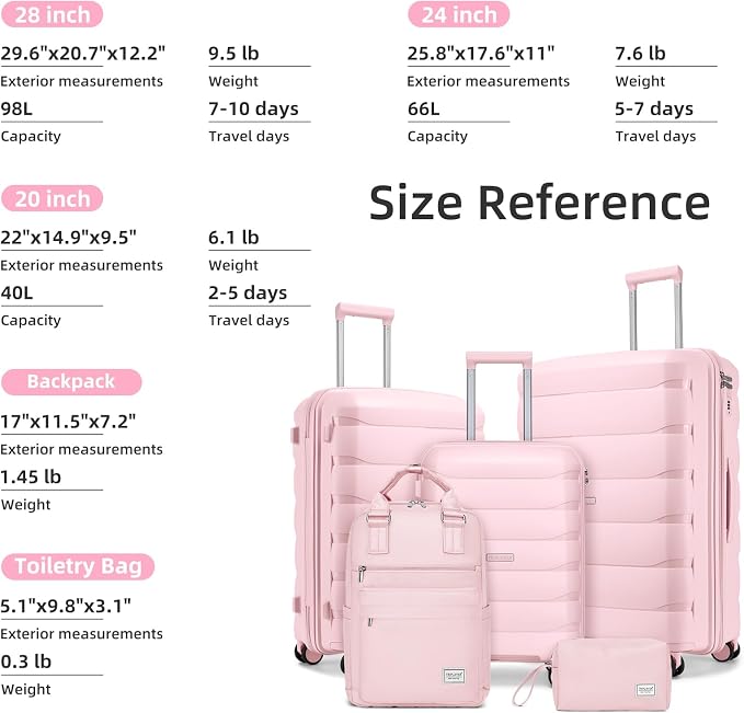 Luggage Sets 5 Piece, Large Suitcase Set with Spinner Wheels, Carry on Luggage Set with Backpack for women (3 piece set,Pink) - Image 6