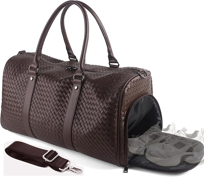 Weekender Bag for Women Men Water-resistant Gym Tote, Leather Woven Travel Duffel Bags with Shoe Compartment by CaptainVikings