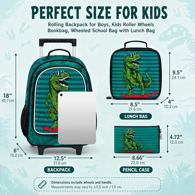 AGSDON 3PCS Rolling Backpack for Girls Boys, Kids Roller Wheels Bookbag, Wheeled School Bag with Lunch Bag - Image 4