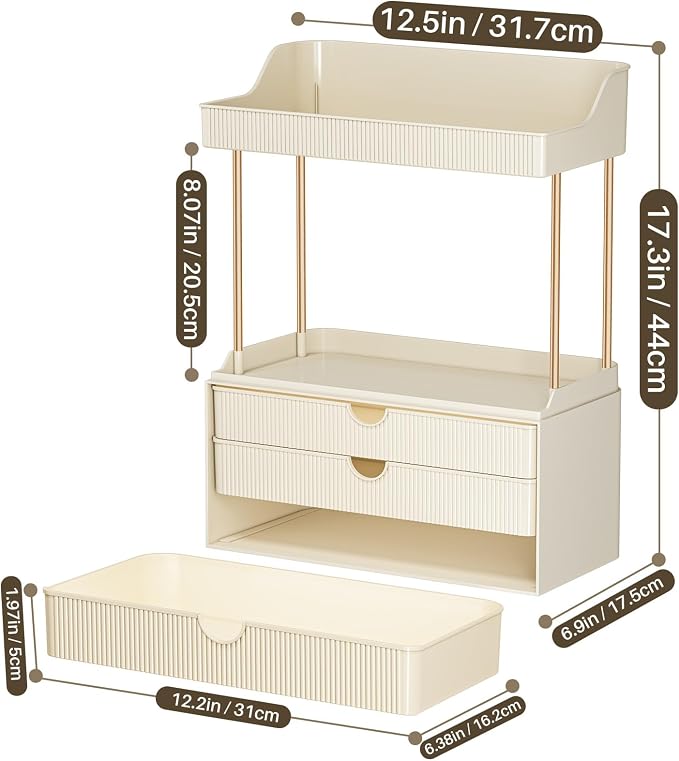 caktraie Bathroom Organizers and Storage - 3 Drawers 2 Tier Makeup Organizer, Cosmetic Storage Drawer for Dresser Countertop and Bathroom Vanity for Large Skincare, Perfume, Cream White - Image 4