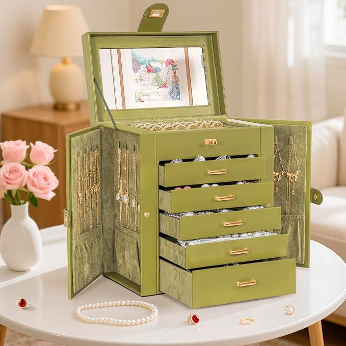 AKOZLIN 6-Tier Jewelry Box Organizer Functional 5 Drawers Leather Jewelry Storage Case for Women Girls Ring Necklace Earring Bracelet Holder Organizer with Mirror Medium Green - Image 2