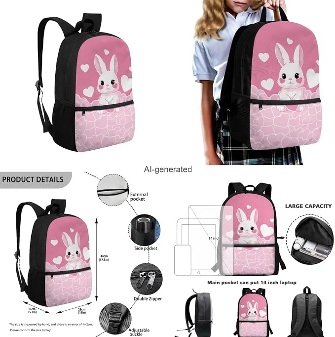 Bunny Backpack for Girls Kids Backpack with Lunch Box Water Bottle Carrier with Strap and Cute Pencil Case 4PCS Set Bookbag with Front Pocket for School 17 inch School Bag for Elementary Girls - Image 3