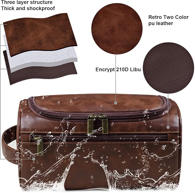 Personalized Leather Toiletry Bag, Brown, Three Layer Structure, Waterproof, Customizable Name Engraving, Travel Organizer for Men, Multi-Occasion Gift (UK1001) - Image 8