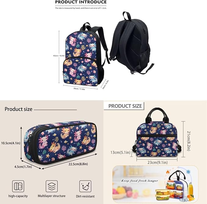 3pcs Kids School Bookbag with Insulated Portable Lunch Bag Pencil Case Colorful Axolotl Backpack Daypack for Kids Teen Girls - Image 5