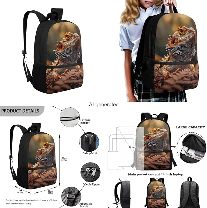 Dragon Lizard Backpack for Kids Boys Backpack with Lunch Box Water Bottle Holder with Strap and Soft Pencil Case 4PCS Set Bookbag with Front Pocket 17 inch Large Capacity School Bag for Girls - Image 3