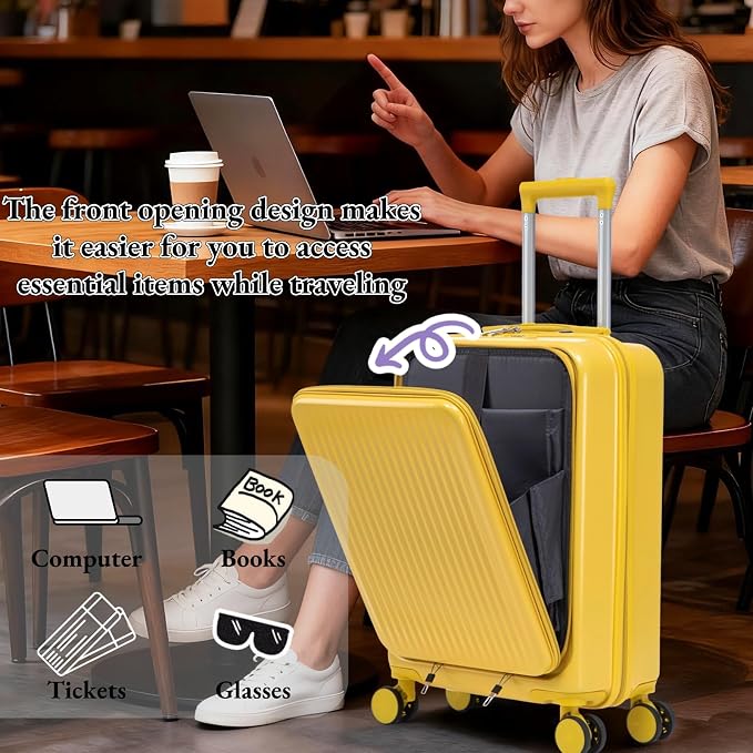 2 Pcs ABS Spinner Luggage Set - 14" Cosmetic Case & 20" Carry-On with Combination Lock, Front Opening Design, Yellow - Image 3