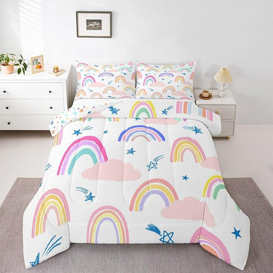 Rainbow Comforter Set For Girls Kids, Cartoon Sun Cloud Quilt Kawaii Room Decor King Size, Girly Iridescent Stripes Duvet Insert Hand Drawn Down Comforter 3 Pieces With 2 Pillow Cases, Colorful by Erosebridal