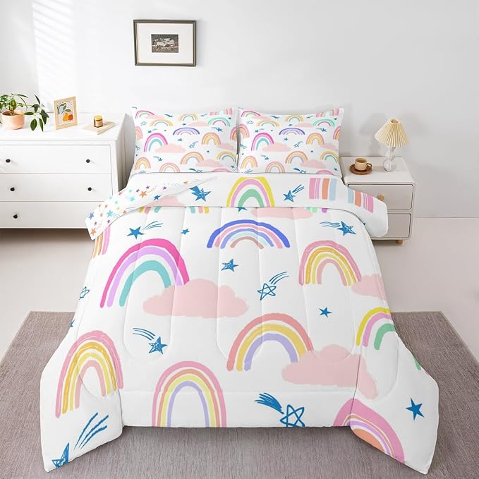 Rainbow Comforter Set For Girls Kids, Cartoon Sun Cloud Quilt Kawaii Room Decor Queen Size, Girly Iridescent Stripes Duvet Insert Hand Drawn Down Comforter 3 Pieces With 2 Pillow Cases, Colorful by Erosebridal
