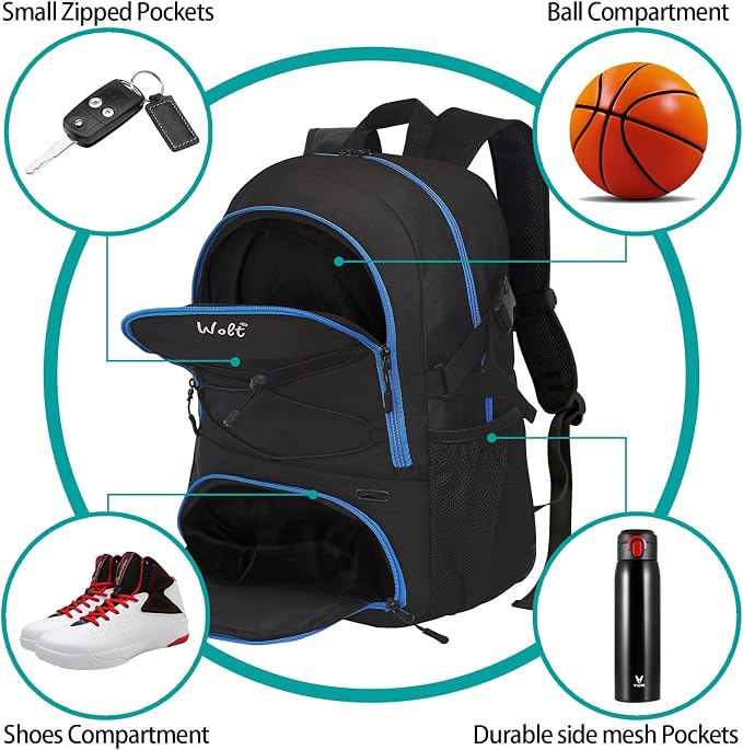 WOLT Basketball Backpack Large Sports Bag with Separate Ball Holder & Shoes Compartment, Best for Basketball, Soccer,Gym - Image 4