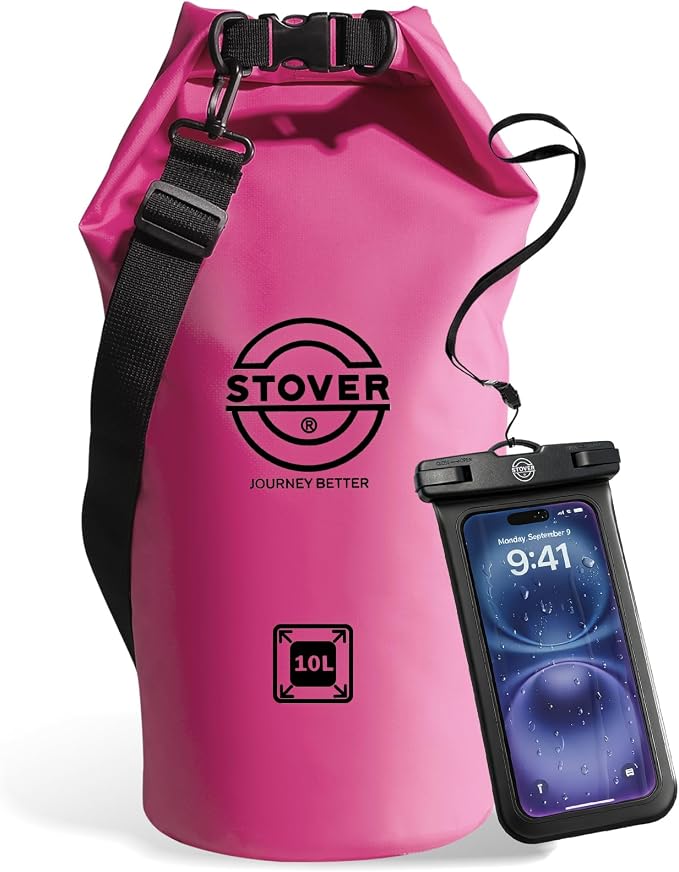 STOVER 5/10/25/30/40L Waterproof Dry Bag, Medium Lightweight Roll Top Dry Bag Backpack w/Waterproof Phone Case, Kayaking, Travel, Hiking, Fishing, Tubing, Camping, the Beach, Men/Women (Pink) by STOVER