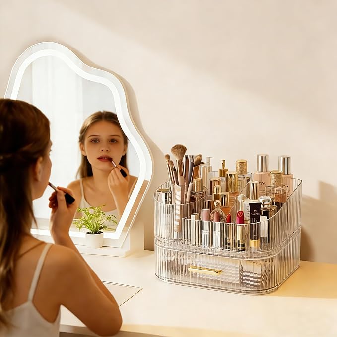 Makeup Organizer with 360° Rotating Brush Holder and Stackable Drawers, Cosmetic Display Case for Vanity, Bathroom Countertop (Clear, 2 Layer) - Image 5