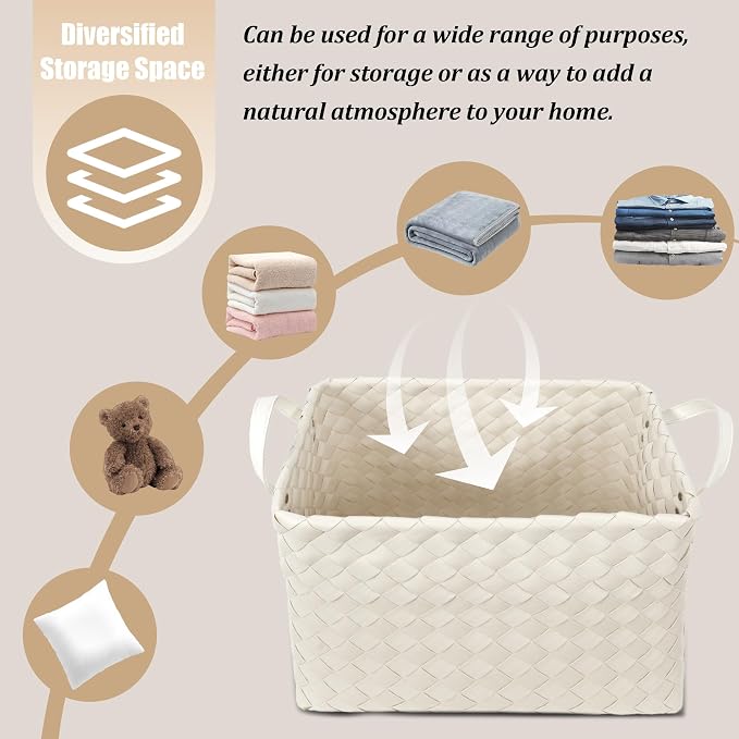 Handwoven Clothes Basket Laundry Hampers Large Wicker Storage Baskets for Shelves Blankets Closet Storage Bins Car Bedroom Bathroom Organizers and Storage Bath (Pack of 4, Ivory) - Image 3