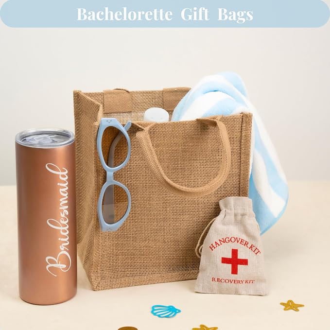 10 Pack Small Burlap Gift Bags with Blue Ribbons for Bachelorette, Bridesmaid, Wedding Welcome Reusable Jute Tote - Image 3