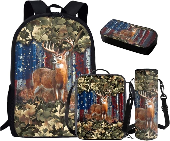 GIFTPUZZ Deer American Flag Backpack 17 Inch Set Boys | Camo 4-in-1 Lunchbox Combo, Water Bottle Holder, 3rd Grade Elementary School, Ages 8-10 by GIFTPUZZ