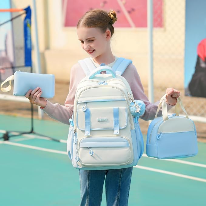 School Backpack for Girls, 3PCS Laptop Backpack 15.6 Inch with Lunch Box Pencil Pouch Set for Kids Teens Elementary Middle High School College Bookbag Student Casual Travel Daypack,Blue Beige - Image 2
