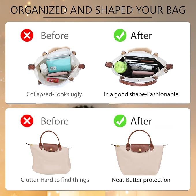 Soft Nylon Purse Organizer Insert for Longchamp Le Pliage Original S Handbag, Lightweight Luxury Long Champ Small Handbag with Cup Holder,Zipper Bags Inner Linner with 7 Deepened Pockets,S/Beige - Image 4