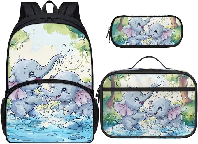 Elephant School Backpack for Teen Girls 10-12 with Lunch Box Cute Backpacks for Middle School Kids with Lunch Bag and Pencil Case 17 Inch School Bag Lunchbox Set by Dremagia