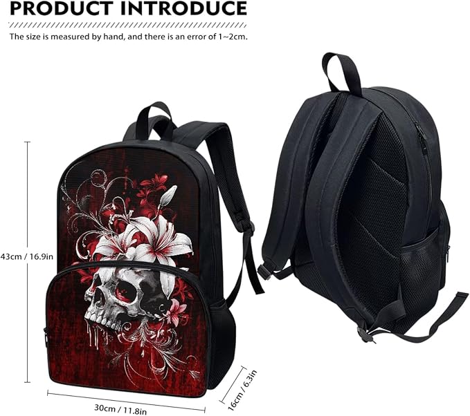 Gothic Skull Lily Flower Red School Bag for Student Laptop Backpack Casual Travel Backpacks Kids Boys Girls Schoolbag Bookbag Insulated Lunch Book Pencil Bags Purses for Men Women - Image 2