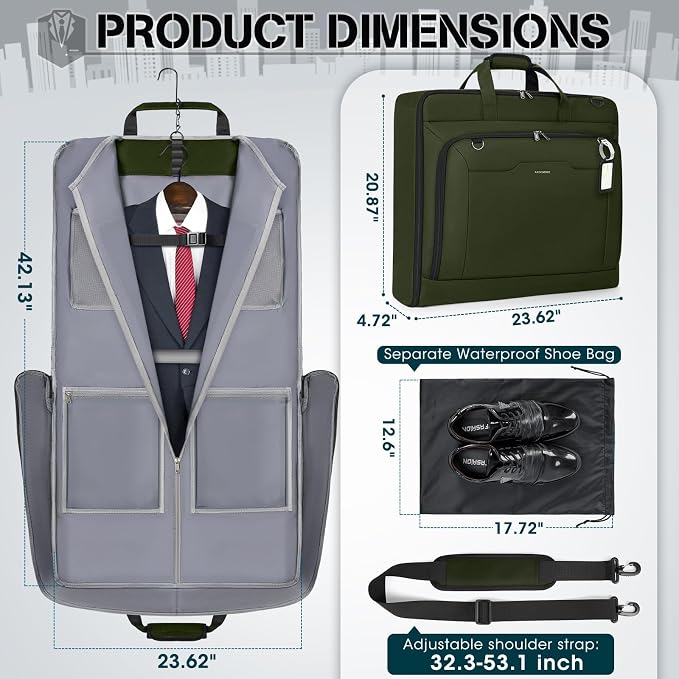 RAINSMORE Garment Bags for Travel Carry On Garment Bag for Hanging Clothes, Suit Bag for Business Trips with Shoes bag & Shoulder Strap, Waterproof Foldable Suit Luggage Bag for Men Women, Green - Image 4