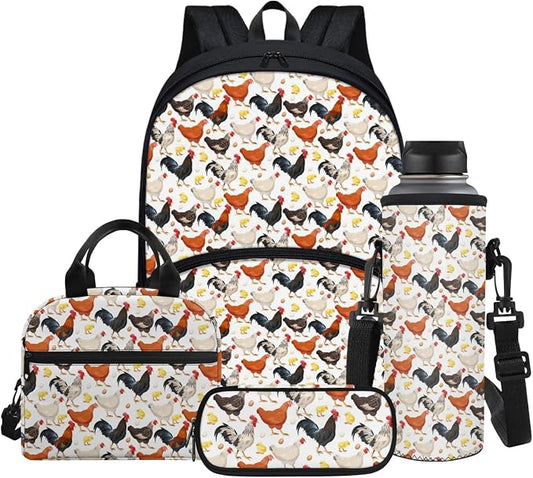 Chicken Rooster Backpack for Girls Funny Cock Print Schoolbag Casual Bookbag + Thermal Lunch Box + Water Bottle Carrier + Zipper Pencil Pen Holders by Glomenade
