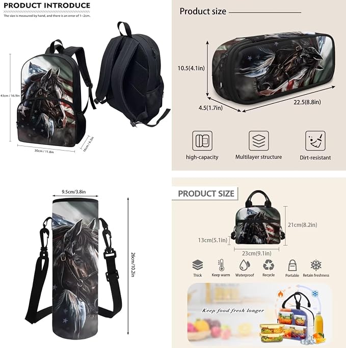 POLERO American Flag Horse Backpack with Lunch Box Teens Bookbag Schoolbag Set Kids Pencil Case Water Bottle Holder for Boys - Image 4