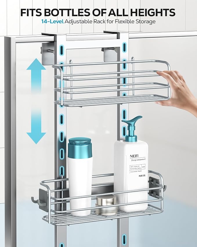 Nieifi Over The Door Shower Caddy, Adjustable Hanging Shower Organizer | Adjustable hanging baskets, 4 hooks, large capacity, rustproof steel, pantry organizer, drill free, for bathroom, silver - Image 3